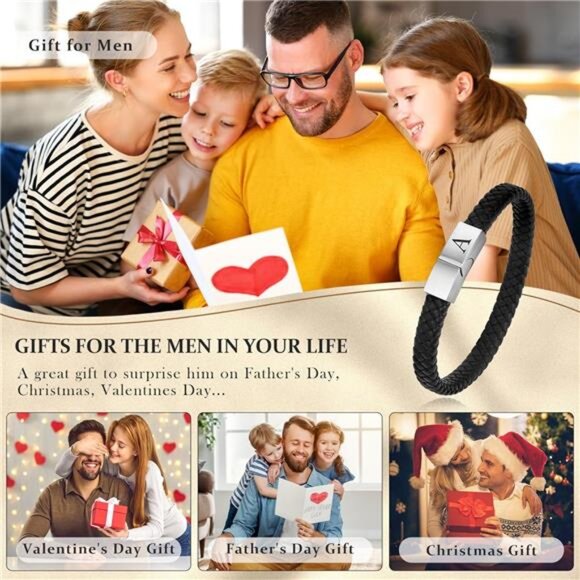 Mens Leather Bracelet Adjustable Magnetic Clasp Black Genuine Leather Gift for H - Picture 3 of 7